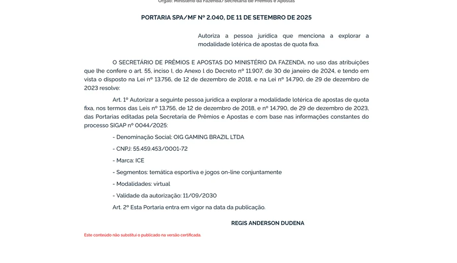 Portaria de autorização publicada no Diário Oficial
