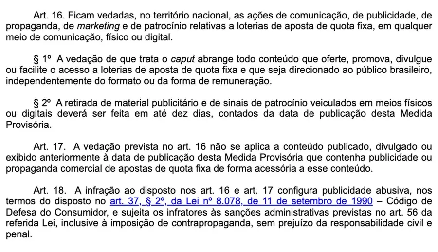 Artigo 16 que proíbe a publicidade de apostas de quota fixa